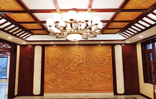 红花岗中式别墅客厅中式木作横梁吊顶装饰展示