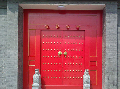 红花岗中国传统四合院系列朱红色中式木制大门木作